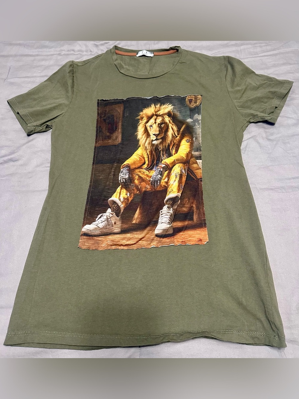 Men's F.K. Olive Graphic Lion Crew Neck Slim Fit T-Shirt made in Italy